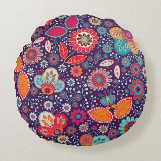 アーカラフルトイラストレーション自然フローラルパターン ラウンドクッション (正面)