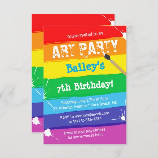 アーカラフルト絵を描パーティー誕生会 招待状 (正面/裏面)