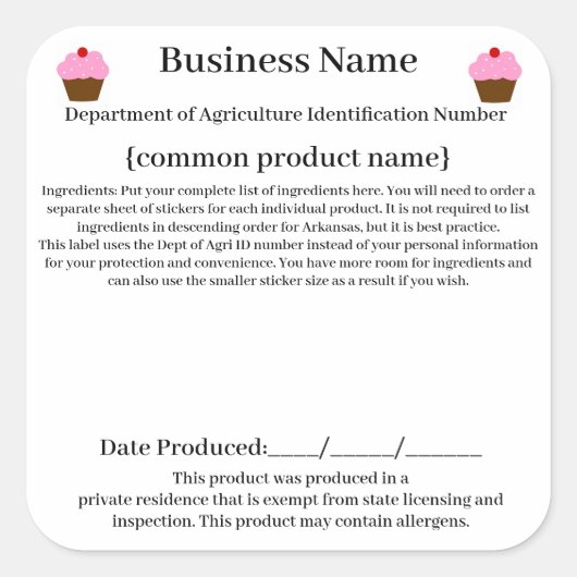 アーカンソーコテージ法/食品自由法2021 w/ID# スクエアシール (正面)