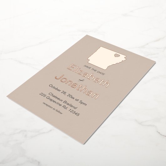 アーカンソー地図ウェディング保存日付バラ金ゴールド 箔招待状 (回転した状態)