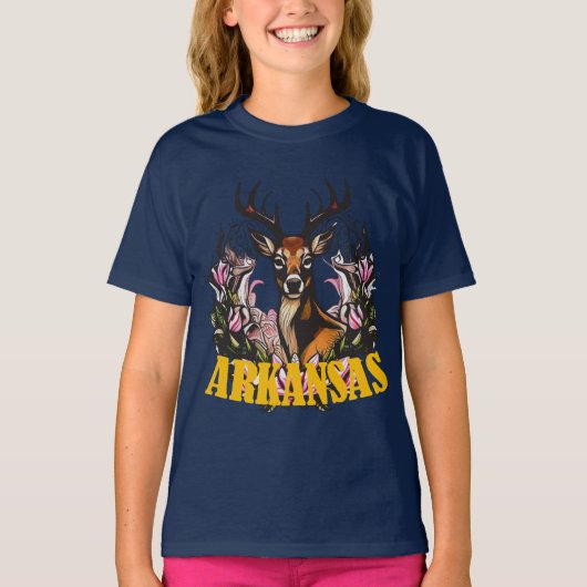 アーカンソー州のシカとリンゴの花の枝 Tシャツ (正面)