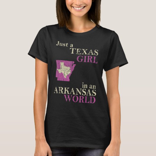 アーカンソー州の世界地図に描かれたテキサス娘 Tシャツ (正面)