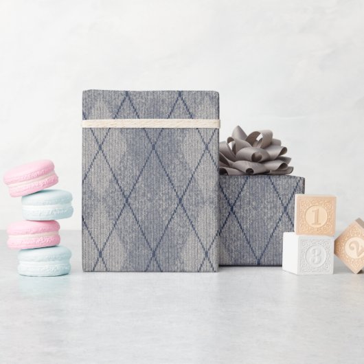 アーガイルファブリッフェイククルテクスグレーブルー ラッピングペーパー (ベビーシャワー)