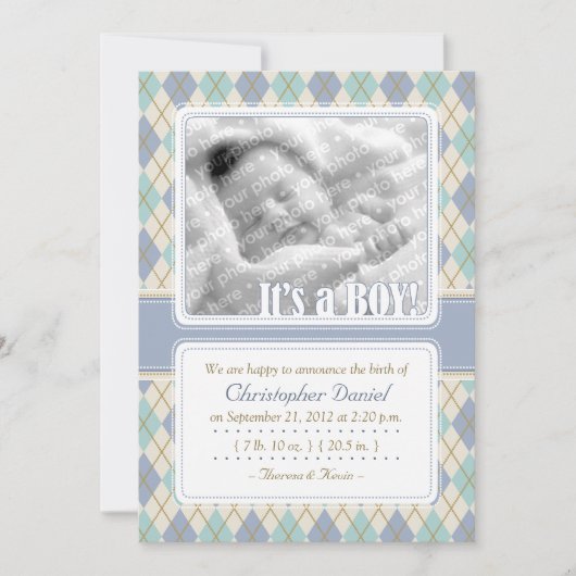 アーガイル柄のな誕生の発表(青及び水) 案内状 (正面)