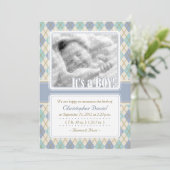 アーガイル柄のな誕生の発表(青及び水) 案内状 (スタンド正面)