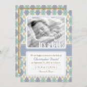 アーガイル柄のな誕生の発表(青及び水) 案内状 (正面/裏面)