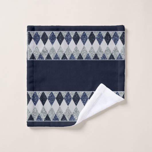 アーガイル柄のな青の銀のきらめくのフェイクなグリッター-すべては選択します バスタオルセット (ウォッシュタオル)