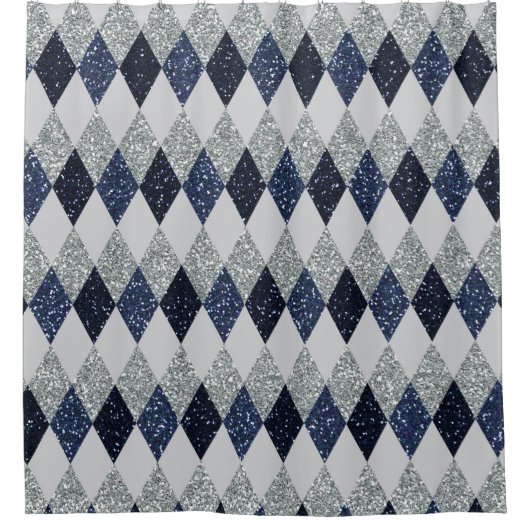 アーガイル柄のな青の銀のきらめくのフェイクなグリッター シャワーカーテン (正面)