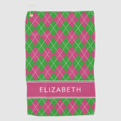 アーガイル プリント ピンク グリーン 名前入り おしゃれ ゴルフタオル (正面)