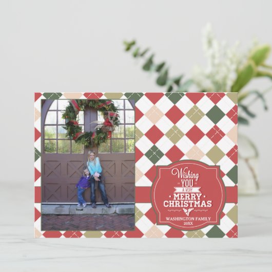 アーガイルplaidクリスマスの休日の写真カード シーズンカード (スタンド正面)