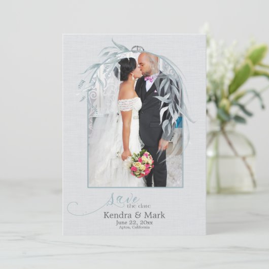 アーキエレガントー淡い色のウェイ・ブルー・ユーカリ日付を保存 招待状 (スタンド正面)