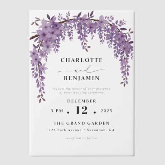 アーキッドウィステリアブランチフローラ庭園の結婚式 ベラム紙招待状 (正面)