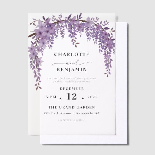 アーキッドウィステリアブランチフローラ庭園の結婚式 ベラム紙招待状 (オフセット)