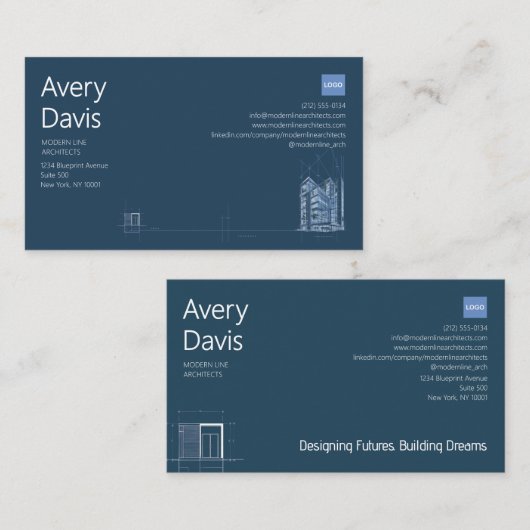アーキテクモダント海軍とホワイトミニマリストの設計図 名刺 (正面/裏面)