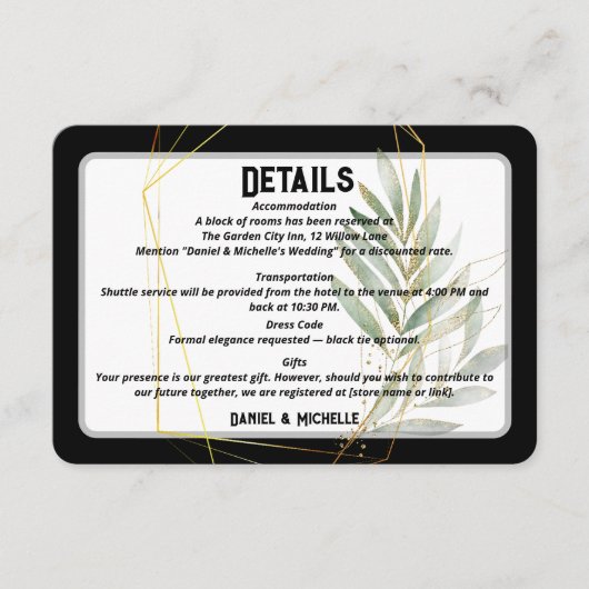 アーキモダンッドブラック金ゴールド結婚ズ植物学テーマ エンクロージャーカード (正面)