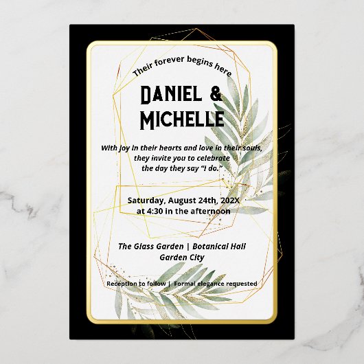 アーキモダンッドブラック金ゴールド結婚ズ植物学テーマ 箔招待状 (正面)