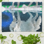 アークティックウルフ、オーロラと降雪野生生物アート キッチンタオル (折り畳み)