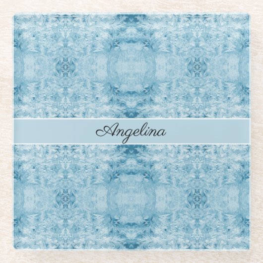 アークティックチル | 青と白の羽毛パターンカスタム ガラスコースター (正面)