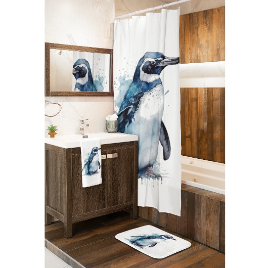 アークティックブルーの水彩ペンギン ハンドタオル