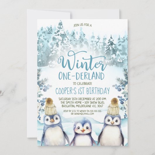 アークティックペンギンズウィンターオネダーランド誕生日 招待状 (正面)