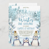 アークティックペンギンズウィンターオネダーランド誕生日 招待状 (正面/裏面)