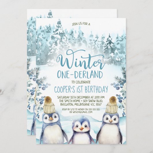 アークティックペンギンズウィンターオネダーランド誕生日 招待状 (正面/裏面)