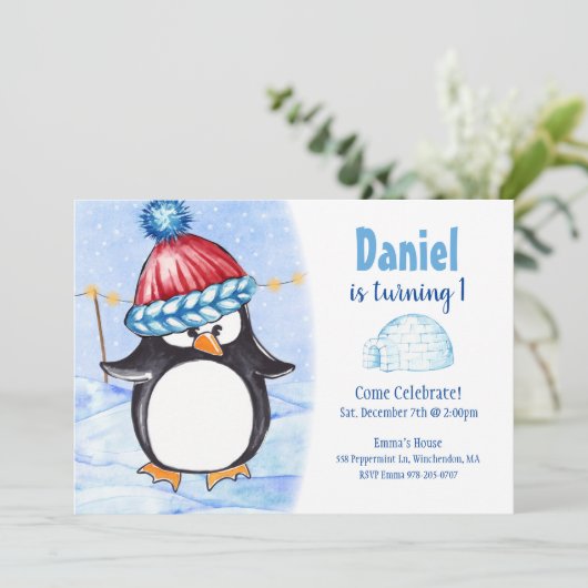 アークティックペンギン子供の誕生日パーティの招待状 招待状 (スタンド正面)