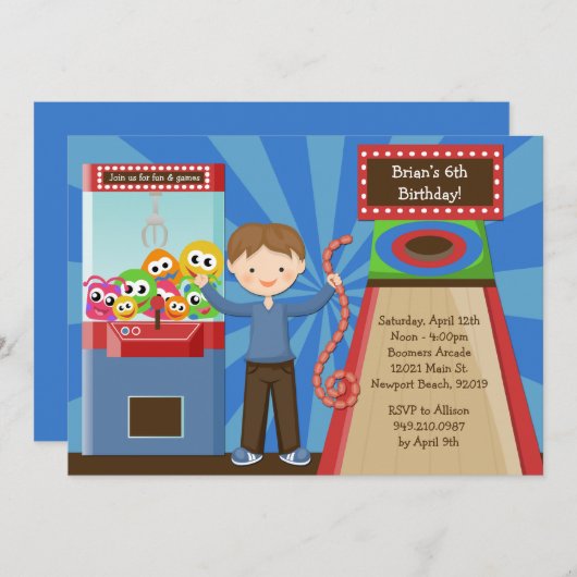 アーケードの誕生日のパーティの招待状 招待状 (正面/裏面)