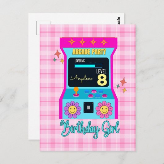 アーケードゲームレトロ誕生日パーティーブルーピンク ポストカード (正面/裏面)