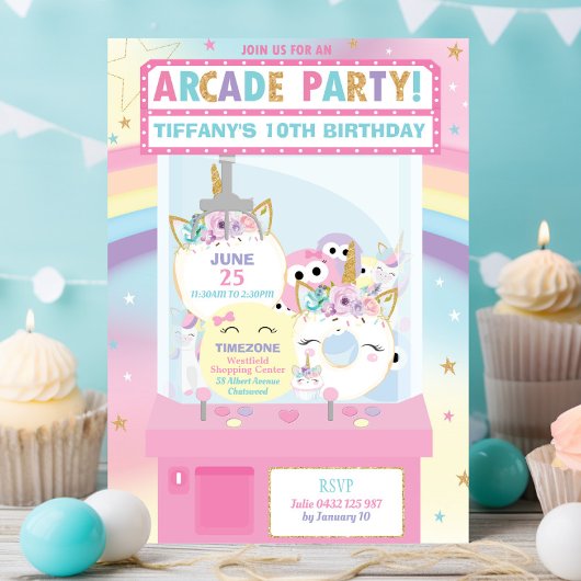 アーケードバースデーパーティーガールレインボーユニコーン 招待状