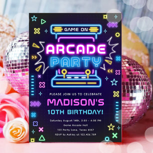 アーケードパーティーグローネオンゲームオンガール誕生日 招待状