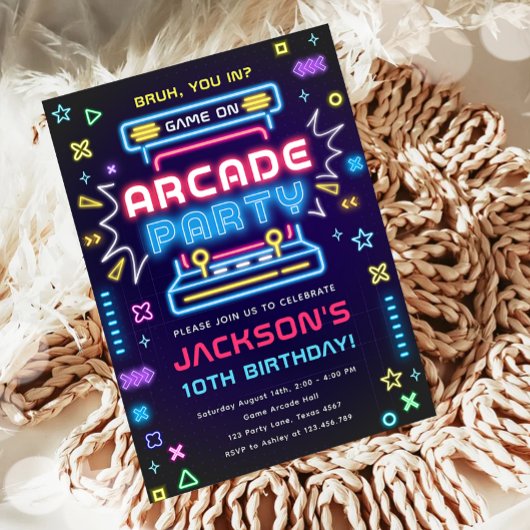 アーケードパーティーグローネオンゲームオンボーイ誕生日 招待状