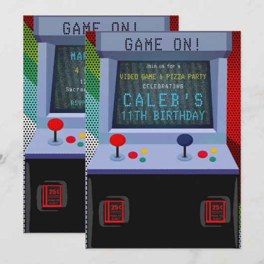 アーケードビデオゲームの誕生日パーティー 招待状 (正面/裏面)