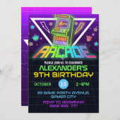 アーケード誕生日ゲーマーネオンパーティの招待状 招待状 (正面/裏面)