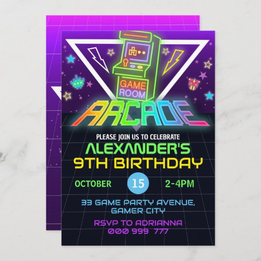アーケード誕生日ゲーマーネオンパーティの招待状 招待状 (正面/裏面)
