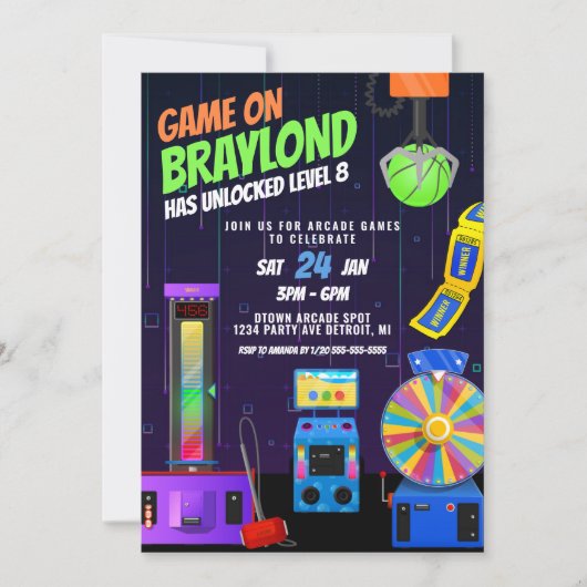 アーケード誕生日パーティーの招待 招待状 (正面)