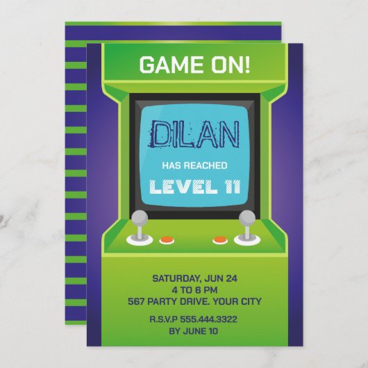 アーケード誕生日、ゲーマー誕生日の招待状、緑 招待状 (正面/裏面)