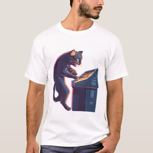 アーケード ミャウスター - ノスタルジック ゲーマー 猫 Tシャツ (正面)
