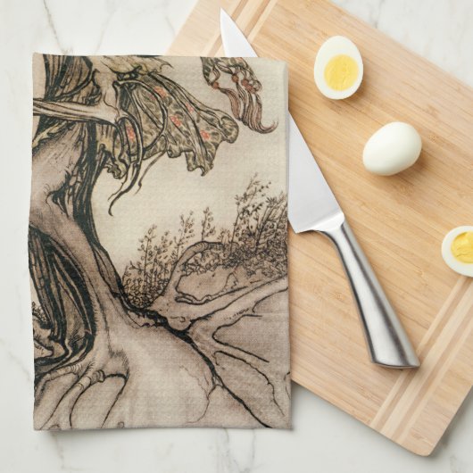アーサー・ラッカムによる森の老婦人 キッチンタオル (四つ折り)