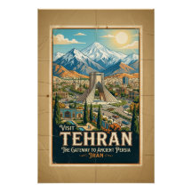 アーザディ・タワーとアルボルズ山脈 イラン旅行ポスター