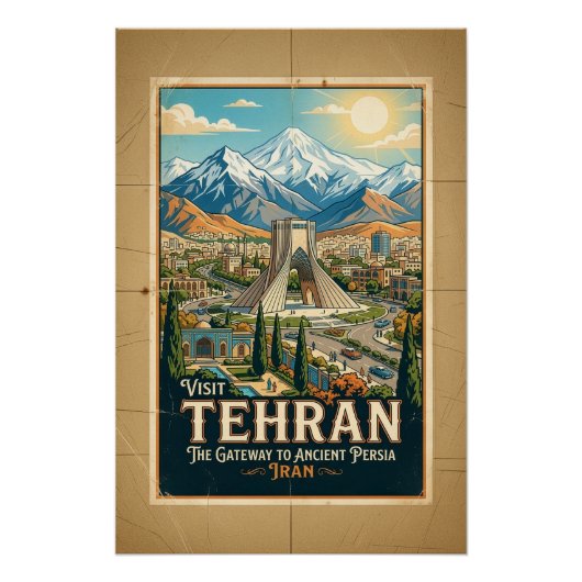 アーザディ・タワーとアルボルズ山脈 イラン旅行ポスター ポスター (正面)
