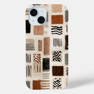 アースィーなボヘミアン風抽象グリッド - 手描きテクスチャー iPhone 15ケース