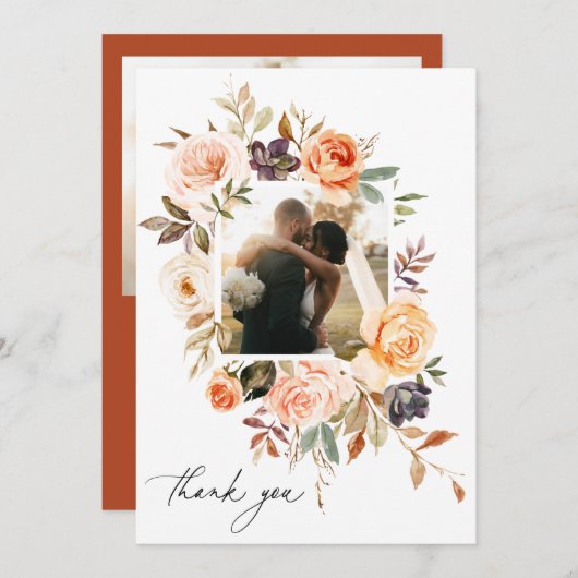 アースィーな秋の花のウェディングフォト サンキューカード (正面/裏面)