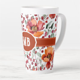 アースカラーと秋の花のモノグラム カフェラテマグ