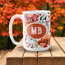 アースカラーと秋の花のモノグラム コーヒーマグカップ