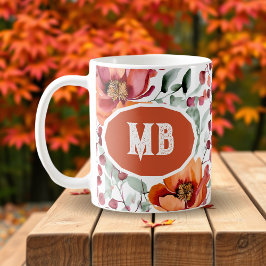 アースカラーと秋の花のモノグラム コーヒーマグカップ
