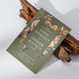 アースカラーのオリーブグリーン結婚式 | ボヘミアンフラワーのQRコード付招待状 招待状