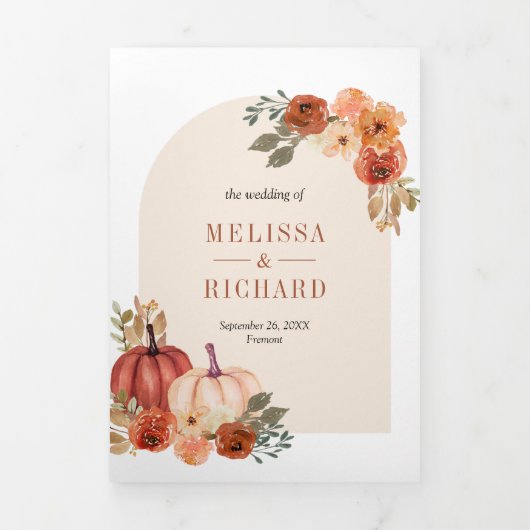 アースカラーのオレンジ色の花とパンプキンがモダンな結婚式の招待状 三つ折り招待状