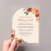 アースカラーのオレンジ色の花の装飾の結婚式 アクリル招待状 (インサイチュ (ポータブル))