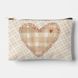 アースカラーのスコットランド柄 ビッグハート ブラウン ベージュ アクセサリーポーチ